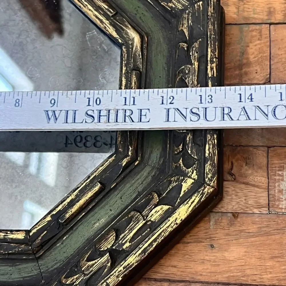 Vintage Octagon Green Wooden Framed Mirror Antiqued Distressed Finish